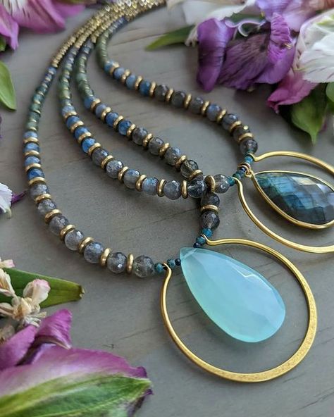 Mile High Beads ~ Kari on Instagram: "This gem combo may not be as brightly colored as all of the others in my recent collection, but it's still one of my favorites! 💖 The big, faceted Labradorites at the front are super luxe and flashy! And together with the blue Kyanite, green Apatite, and warm brass & Pyrite... I'm hooked! 😍 I have one of each of these available right now in the shøp! 🌼🌿🌸☀️💓 #labradorite #labradoritejewelry #chalcedonyjewelry #kyanite #apatitejewelry #gemstonenecklaces Handmade Labradorite Round Bead Necklaces, Labradorite Round Beads Necklace, Blue Kyanite Gemstone Beaded Necklace, Blue Multi-strand Natural Stone Necklace, Apatite Jewelry, Blue Kyanite Gemstone Necklace, Luxe Jewelry, Labradorite Jewelry, Blue Kyanite