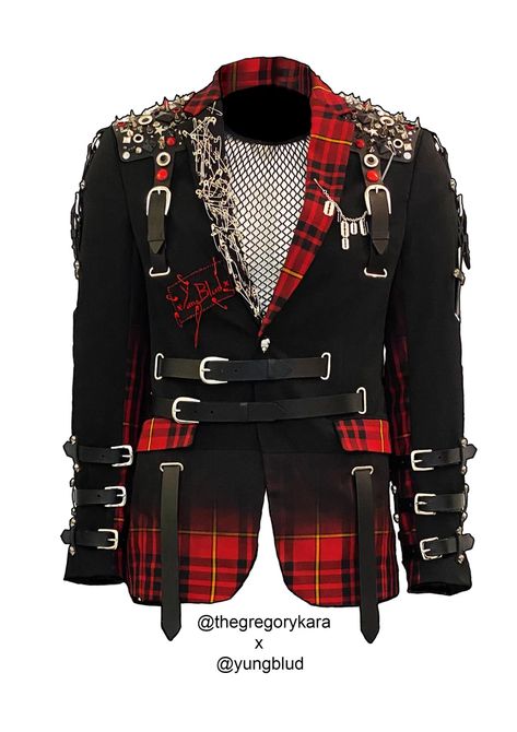 Punk Fantasy Outfit, Visual Kei Fashion Men, Punk Outfits Male, Red Punk Outfits, Punk Suit, Art Jacket, Punk Skater, Graham Norton, Illustrator Drawing