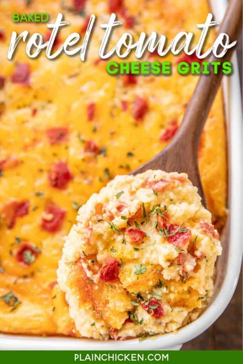 Baked Rotel Tomato Cheese Grits - Plain Chicken Green Chilies Recipes, Rotel Grits, Grits With Sausage, Rotel Cheese, Frozen Fruit Salads, Cheese Grits Recipe, Grits Casserole, How To Cook Grits, Tomato Cheese