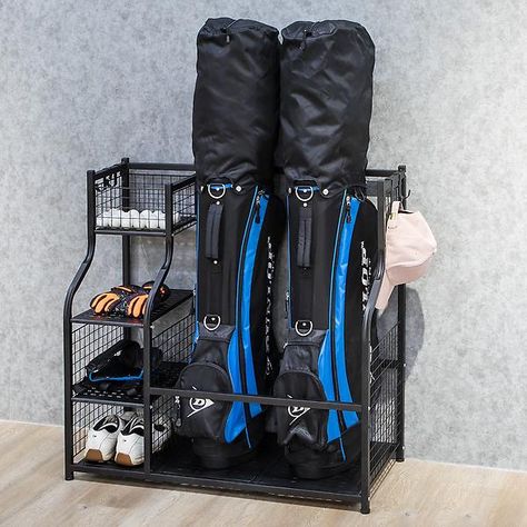 Golf Organizer Garage, Golf Bag Organizer, Golf Ball Storage Ideas, Golf Club Storage Ideas, Golf Organization Garage, Golf Garage Storage, Golf Storage In Garage, Garage Golf Storage, Golf Club Storage Garage