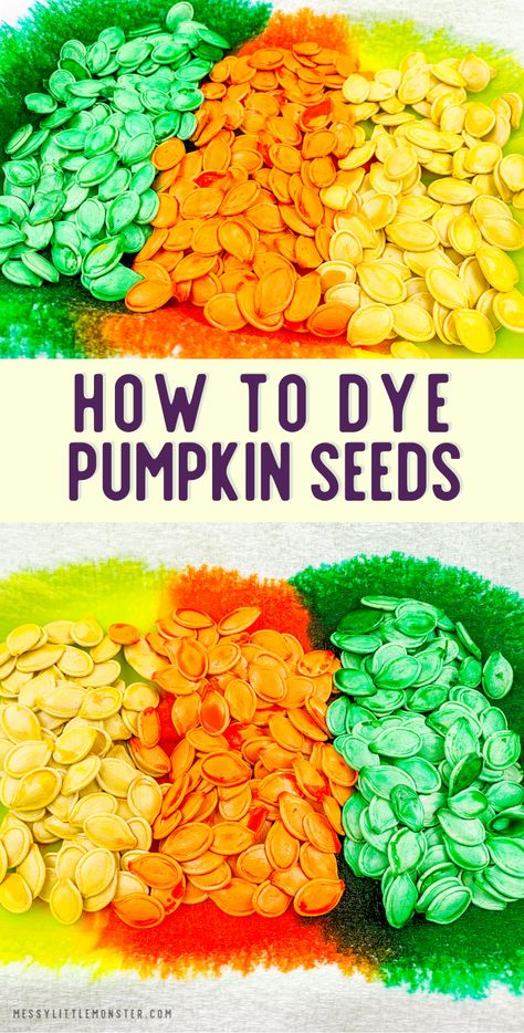 How To Dye Pumpkin Seeds, Pumpkin Seed Tree Craft, Pumpkin Seed Art Preschool, Pumpkin Seeds Activities Preschool, Pumpkin Seed Sensory Bin, Pumpkin Seed Crafts Preschool, Crafts With Pumpkin Seeds, Pumpkin Seed Crafts For Kids, Pumpkin Seed Activities For Preschool