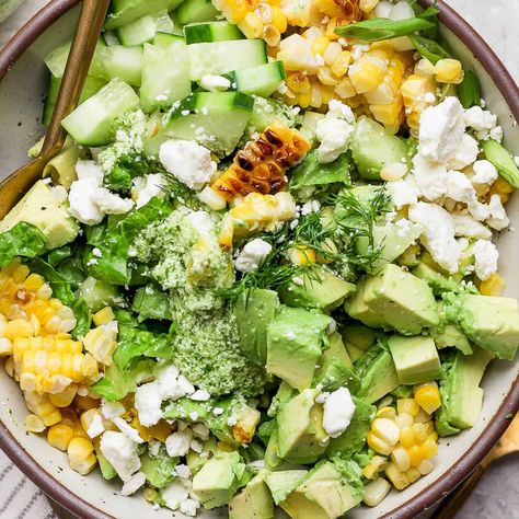 Avocado Salad (+ Basil Feta Dressing) Chopped Avocado Salad, Feta Dressing Recipe, Feta Dressing, Wooden Skillet, Grilled Sweet Corn, Avocado Salad Dressing, Paleo Salads, Avocado Salad Recipes, Fresh Salad Recipes