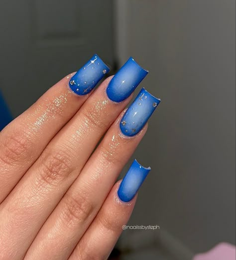 Blue Aura Nails Square, Short Blue Square Acrylic Nails, Simple Short Blue Nails, Blue Nail Ideas Acrylic Square, Short Blue Ombre Nails, Blue Overlay Nails, Short Blue Acrylics, Coffin Aura Nails, Blue Aura Nails Short