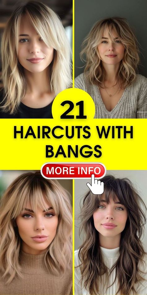 For those who love a timeless look, long haircuts with bangs offer elegance and femininity. Incorporate curly textures or go for a sleek, straight finish to personalize your style further. Trendy Hair Colours, Short Layered Haircuts With Bangs, Long Lob Haircut, Bangs Haircut Ideas, Haircut Color Ideas, Lob Haircut With Bangs, Medium Haircuts With Bangs, Long Haircuts With Bangs, Curly Bobs