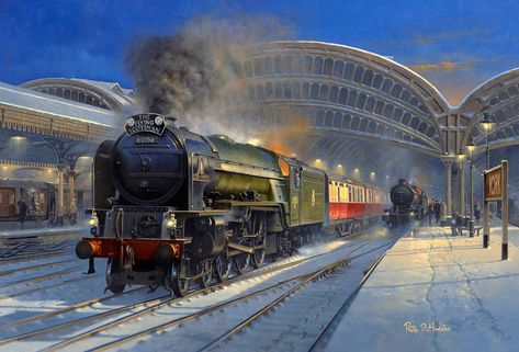 Painting of The Flying Scotsman train at York station Steam Trains Photography, Steam Trains Uk, Steam Art, Train Crash, Flying Scotsman, Heritage Railway, Railroad Art, Steam Engine Trains, Steam Railway