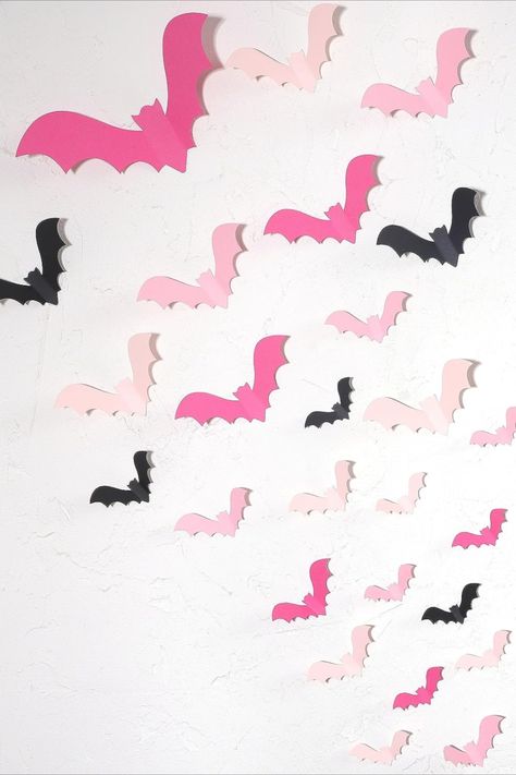 Halloween Decorations Pink, Paper Bats, Pink And Black Halloween, Halloween Party Planning, Halloween First Birthday, Paper Bat, Halloween Office, Bat Wall, Cute Halloween Decorations