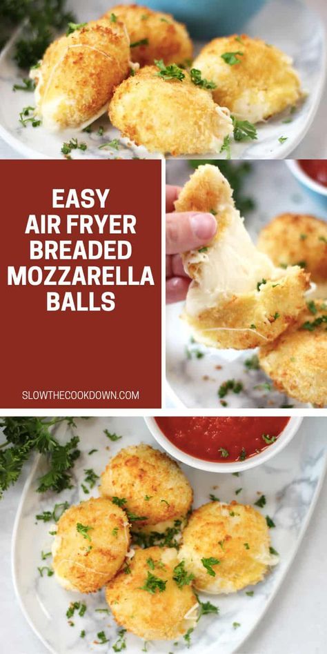 Crispy and gooey, these breaded mozzarella balls come out so perfectly when cooked in the air fryer. Simple to make and quick to cook, serve them up with some marinara sauce, for a tasty and indulgent crowd pleasing appetizer. Air Fried Mozzarella Balls, Air Fryer Mozzarella Balls, Air Fryer Appetizers, Booze Drink, Mozzarella Balls, Breaded Shrimp, Cooks Air Fryer, Crowd Pleasing Appetizers, Mozzarella Sticks