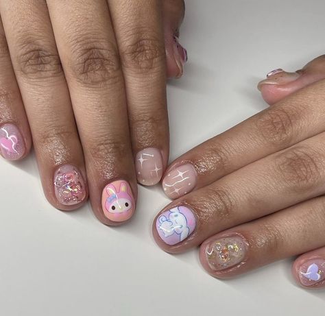 Sanrio Nail Designs Simple, Sanrio Nails Simple Short, Nails Acrylic Kids Short, Cute Nails For Kids 9-10 Gel, Sanrio Nail Art Short, Nails For 7 Yrs Old, Keroppi Nails Short, Hello Kitty Nails Natural, Kawaii Gel Nails Short