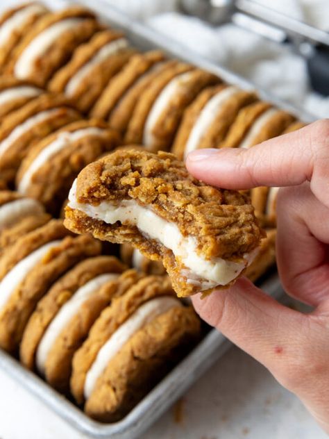 Cream Cheese Delight, Christmas Party Cookies, Oatmeal Sandwich Cookies, Cookies With Brown Butter, Christmas Cookie Tin, Brown Butter Cream Cheese Frosting, Oatmeal Lace Cookies, Brown Butter Cream Cheese, Buttercream Cookies