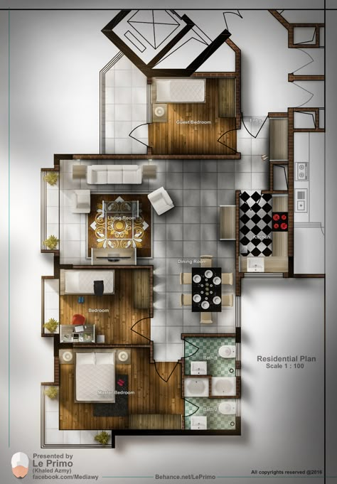 Residential plan Rendering on Behance Plan Photoshop, Interior Architecture Sketch, Plan Rendering, Rendered Floor Plan, Interior Design Layout, Interior Design Renderings, Interior Design Plan, Interior Design Drawings, Interior Design Presentation