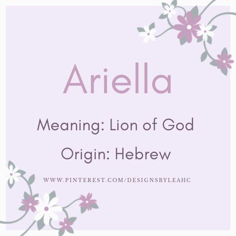 Baby Girl Name: Ariella. | Meaning: Lion of God. | Origin: Hebrew. || www.pinterest.com/designsbyleahc Hebrew Girl Names, Girl Names List, Unusual Baby Girl Names, Cool Baby Girl Names, List Of Girls Names, Girl Names With Meaning, Baby Girl Name, Names List