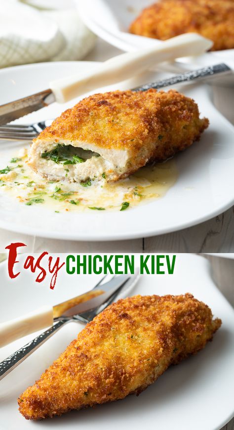 Chicken breasts are butterflied, stuffed with butter and herbs, and pan-fried for a simplified but deliciously decadent Chicken Kiev recipe. #chickenkiev #retrorecipe #classicrecipe #stuffedchicken #panfriedchicken #stuffedfriedchicken #chickenbreasts #aspicyperspective #chickendinner #chicken #russian Chicken Kiev Recipe Baked, Chicken Snitchel Recipes, Chicken Keiv Recipe, Russian Dinner Recipes, Russian Chicken Recipe, Stuffed Fried Chicken, Ukrainian Dinner, Kiev Recipe, Chicken Kiev Recipe