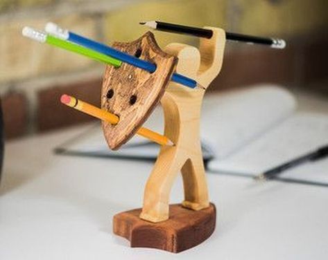 Shield Knight Pencil / Pen Holder⠀ ⠀ #officegadgets #pencilholder #penholder #quirky #shutupandtakemymoney #iwantone Unique Desk Organizer, Desk Accesories, Diy Wood Desk, Cool Office Supplies, Desk Organization Diy, Woodworking For Kids, Etsy Diy, Diy Holz, Diy Desk