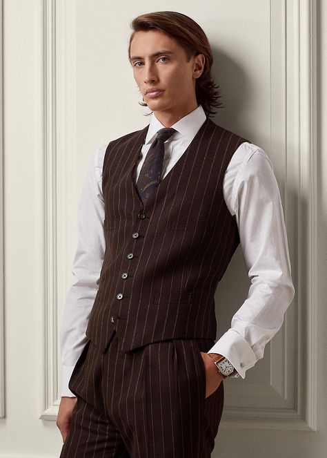 Chalk-Stripe Wool Flannel Vest Men Vest Outfits, Formal Casual Outfits, Waistcoat Outfit, Flannel Vest, Ralph Lauren Vest, Wool Flannel, Futuristic Fashion, Purple Label, Ralph Lauren Purple Label