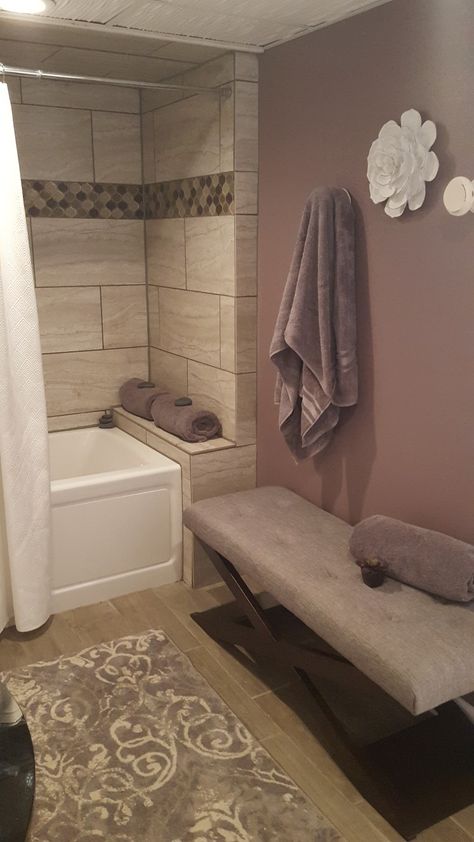 Block Home Plum/gray spa bath - so not exactly this, but maybe moving into a deep plum would allow for the walls to disappear behind the wood tile Mauve And Gray Bathroom, Mauve Bathroom Decor, Plum Colored Bathroom, Purple And Grey Bedroom Ideas Master Bathrooms, Lavender Grey Bathroom, Purple Gray Bathroom, Bathroom Purple And Grey, Mauve Bathroom Ideas, Plum Bathroom Ideas