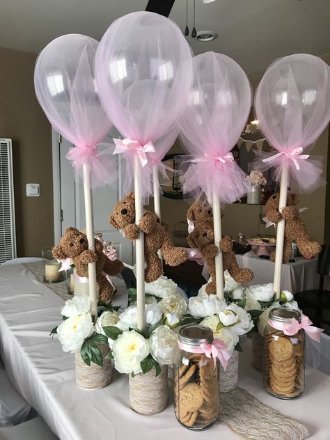 Ballons On Sticks Centerpiece, Pink Teddy Bear Baby Shower Table, Teddy Bear Baby Shower Theme Girl Centerpiece, Flower Centerpieces For Baby Shower Girl, Baby Shower Girl Bear Theme, Baby Girl Teddy Bear Shower Ideas, Bearly Wait Centerpieces, Baby Shower Teddy Bear Centerpieces, Bear Baby Shower Theme Girl