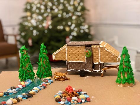 Campsite Gingerbread House, Tent Gingerbread House, Pretzel Cabin, Campground Activities, Best Gingerbread House, White Gingerbread House, Camper Crafts, Gingerbread Contest, Santa Village