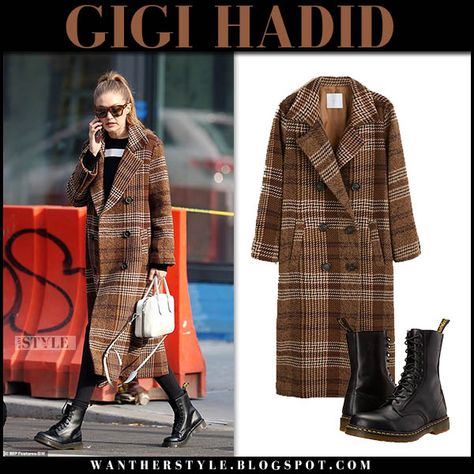 Gigi Hadid in brown checked coat with black boots #fashion #style #model #streetstyle #winter #celebrity #outerwear #mango Check Coat Outfit Winter, Brown Check Coat Outfit, Check Coat Outfit, Houndstooth Coat Outfit, Checked Coat Outfit, Long Coat Street Style, Streetstyle Winter, Checked Coat, Winter Coat Outfits