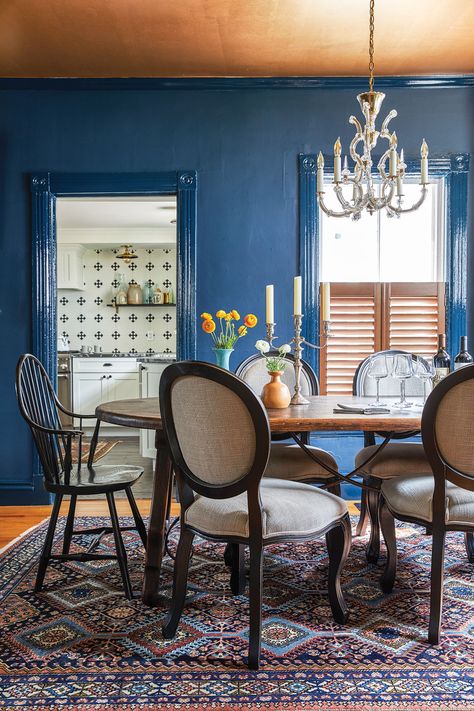 How To Use Pantone's Color of the Year | Maine Homes by Down East Painted Moulding, Blue Dining Rooms, Boho Colorful Living Room, Farrow Ball Hague Blue, Grandmother Interior Design, Coastal Grandmother Interior, New Orleans Courtyard, Boho Dining Room Decor, Colorful Living Room Decor