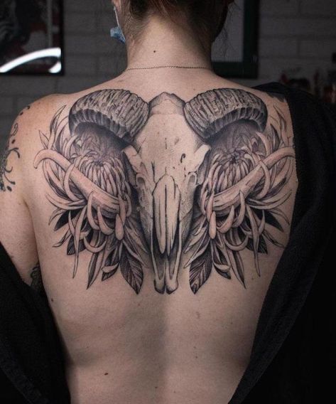 Goat Skull immersed in chrysanthemums Goat Skull Chest Tattoo, Two Headed Goat Tattoo, Skull Chest Tattoo, Tattoo Goat, Skull Thigh Tattoos, Goat Tattoo, Third Eye Tattoos, Skull Hand Tattoo, Upper Back Tattoos