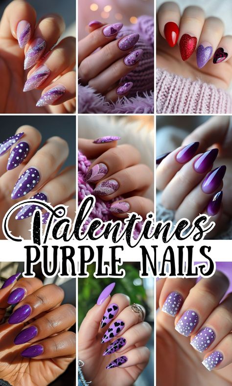 26 Romantic and Cute Purple Valentine Nail Designs - On Your Journey February Nails Ideas Purple, February Nails Not Valentines, Purple Valentines Day Nails Almond, Purple And Red Valentines Nails, Purple Nails For Valentines Day, Purple Valentines Nails Designs, Purple Nails Valentines Day, Purple February Nails, Lilac Valentines Nails