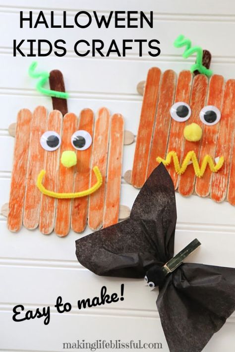 Easy Halloween Crafts for Kids | Making Life Blissful Halloween Kids Crafts Easy, Easy Halloween Crafts For Kids, Diy Halloween Art, Quick Halloween Crafts, Halloween Crafts For Kids To Make, Season Activities, Bat Craft, Pumpkin Craft, Spider Crafts