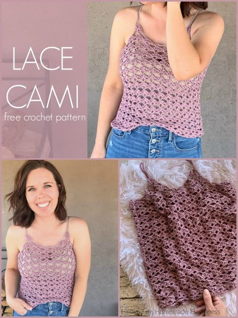 Lace Cami Crochet Pattern - This Lace Cami Crochet Pattern is a simple 2 row repeat! It looks so cute layer with a jacket for spring & summer. Crochet Camisole Pattern Free, Crochet Patterns Fine Yarn, Crochet Cami Top Free Pattern, Crochet Tank Top Free Pattern, Crochet Tanks, Crochet Cami Top, Crocheted Clothing, Crochet Lace Tank Top, Crochet Tank Tops