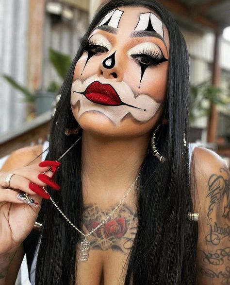 Chicana Clown Makeup Halloween, Payasa Makeup Chicana, Chicana Makeup Clown, Payasa Makeup, Chicano Clown Makeup Men, Chola Clown Makeup Halloween, Cholo Makeup, Mexican Clown Makeup, Latina Clown Makeup