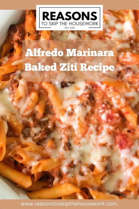 an image of Alfredo Marinara Baked Ziti on a white bowl. One Pot Pasta Alfredo Easy Recipes, White Sauce Baked Ziti, Baked Pasta With Alfredo And Marinara, Alfredo And Pasta Sauce Mixed, Mix Alfredo And Marinara, Alfredo Meat Sauce Pasta, Pasta Bake With Alfredo And Marinara, Baked Pasta Recipes Alfredo, Baked Ziti With White Sauce