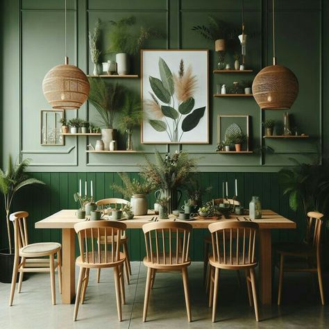 Japandi Green, Botanical Dining Room, Massage Room Decor, Dinning Room Lighting, Brown Dining Room, Boho Dining Room, Green Dining Room, Green Interior Design, Stylish Dining Room