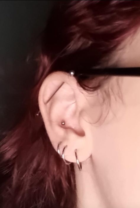 Industrial And Conch Piercing, 3 Lobe Piercings, Triple Lobe Piercing, Industrial Piercing, Lobe Piercing, Conch Piercing, Conch, Red Hair, Piercings