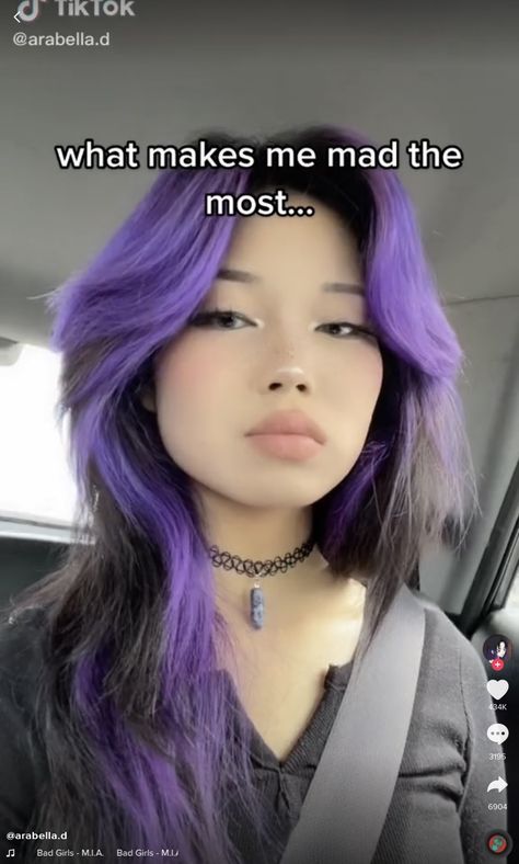 Purple And Black Hair Ideas, Black And Purple Hair Ideas, Purple Hair Aesthetic, Purple Peekaboo Hair, Hair Down With Braid, Purple Hair Streaks, Light Purple Hair, Dip Dye Hair, Hair Color Underneath