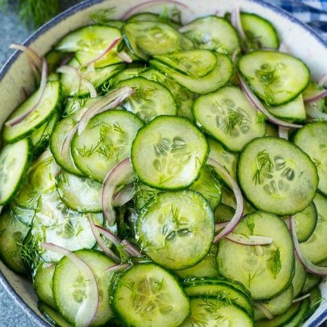 Cucumber Salad - Dinner at the Zoo Cucumber Salads, Easy Cucumber Salad, Cucumber Dill Salad, Cherry Tomato Salad, Red Wine Vinaigrette, Cucumbers And Onions, Summer Sides, Onion Salad, Yeast Rolls