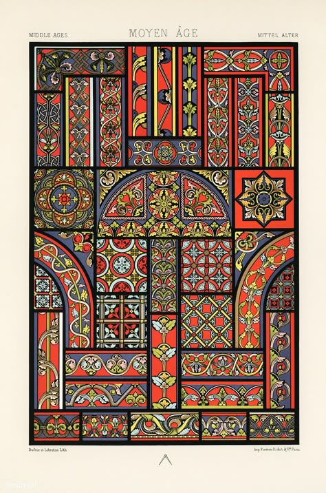 Middle-Ages pattern from L'ornement Polychrome (1888) by Albert Racinet (1825–1893). Digitally enhanced from our own original 1888 edition. | free image by rawpixel.com Russian Pattern, Medieval Pattern, Textiles Sketchbook, Free Illustration Images, Truck Art, Africa Art, Folk Art Painting, Medieval Art, Public Domain Images