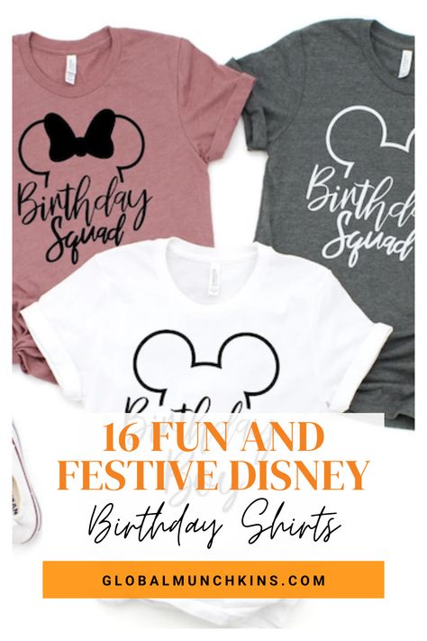 Are you heading to a Disney Park during a birthday for yourself or someone special? Did you know that Disney is notorious for making sure to wish you a Happy Birthday when you are there that day? Wearing a Disney Parks birthday button is one way to show Cast Members that it is your birthday! Another way, is to pick one of our many Disney birthday shirts below and showcase it in the park that day! #birthdaygift Disney Birthday Group Shirts, Disney Birthday Shirt Ideas, Disney Family Birthday Shirts, Disney 40th Birthday Ideas, Disney Trip Shirts Family Birthday, Birthday At Disney, Disney World Birthday Shirts For Family, Disney Birthday Crew Shirts, Birthday Disney Shirts For Family