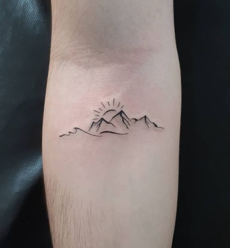 Set Free Tattoo Ideas, Mountains To Beach Tattoo, Mountain Sunset Tattoo Minimalist, Sunshine Mountain Tattoo, Sunset Over Mountains Tattoo, Mountain Tatoos Woman, Small Landscape Tattoo, Small Running Tattoo, Simple Landscape Tattoo