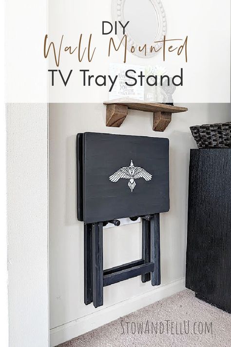 Save space in your home with this DIY TV tray stand (wall mounted.) Made with wood and industrial pipe. Get the step-by-step directions at StowandTellU.com. #industrial #tvtrays #tvtraystand #tvtables #furniture #spacesaving Tv Tray Nightstand, Repurposed Tv Trays Ideas, Tv Tray Storage Ideas, Diy Tv Table Trays, Tv Tray Table Makeover, Tv Trays Diy, Diy Tv Tray Table, Tv Tray Ideas, Farmhouse Tv Trays