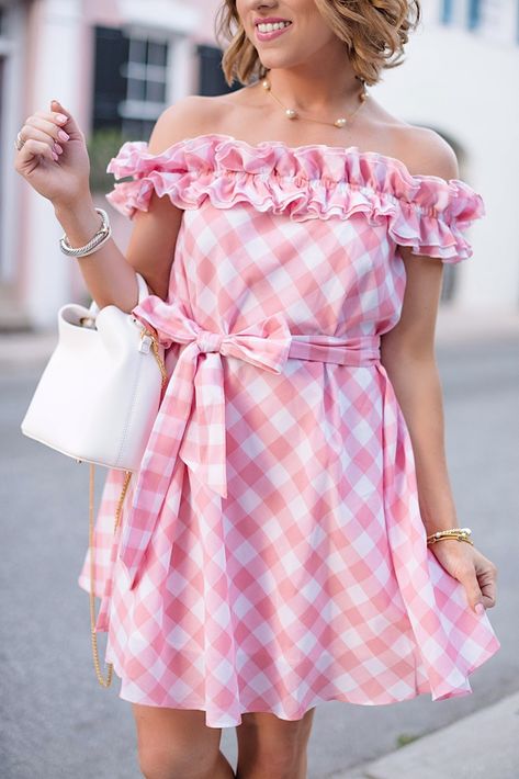 Pink Gingham Ruffle OTS Dress - Something Delightful Blog Pink Check Dress, Gingham Outfit, Pink Gingham Dress, Gingham Fashion, Look Retro, Prom Dress Shopping, Check Dress, Pink Gingham, Pink Outfits