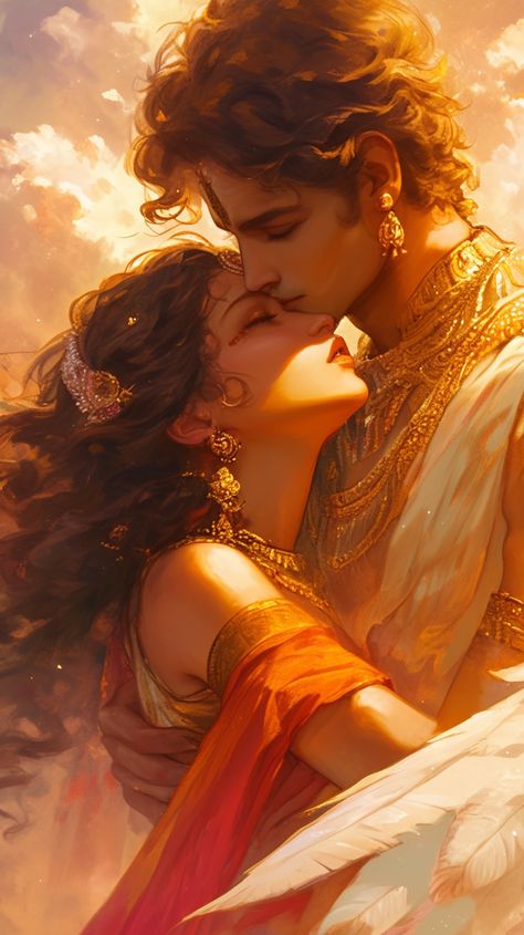 Witness the sublime unity as the Divine Feminine gracefully surrenders in the authoritative, protective embrace of the Divine Masculine. This deep bond embodies the harmonious balance of Yin and Yang; an emblem of cosmic unity and wholeness. Divine Marriage, Indian Couple Aesthetic, Unique Radha Krishna Images, Vishnu Ji, Korean Wallpaper, Couple Embracing, You Are My Moon, Yin Yang Art, Howl And Sophie