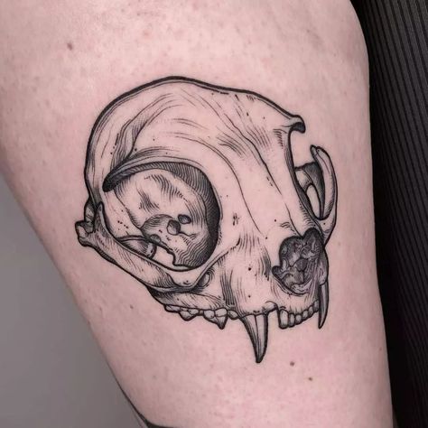 50+ Cat Skull Tattoos That Are Actually Good Cat Skull Tattoo, Tattoo Gato, Thigh Tattoo Ideas, Tattoo Ideas Inspiration, Rat Tattoo, Bone Tattoos, Skeleton Tattoos, 4 Tattoo, Spooky Tattoos