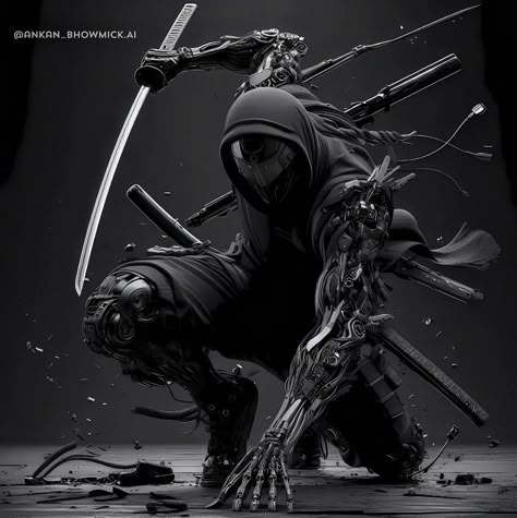 Modern Ninja Concept Art, Cyberpunk Samurai, Black Samurai, Japanese Art Samurai, Warrior Concept Art, Arte Ninja, Futuristic Armor, Samurai Wallpaper, Cyborgs Art