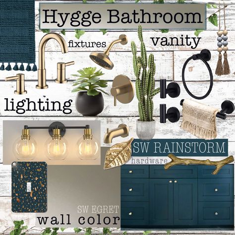 Mix of natural industrial and hygge bathroom decor. Gold metallic pumping fixtures. Vanity in a dark teal color with bright countertops. Hardware is a gold leaf for knobs and gold branch for cabinet pulls. Woven rug and light switch cover coordinate in the same dark teal as the cabinets. Final touch accents of succulents and cactus in neutral toned minimalist vases. Teal Bathroom Cabinets Vanities, Gold Teal Bathroom, Sw Rainstorm Cabinets, Gold And Turquoise Bathroom, Turquoise Vanity Bathroom Ideas, Jade And Gold Bathroom, Teal Vanity Bathroom Ideas, Dark Teal Cabinets Bathroom, Dark Brown Bathroom Cabinets Gold Hardware