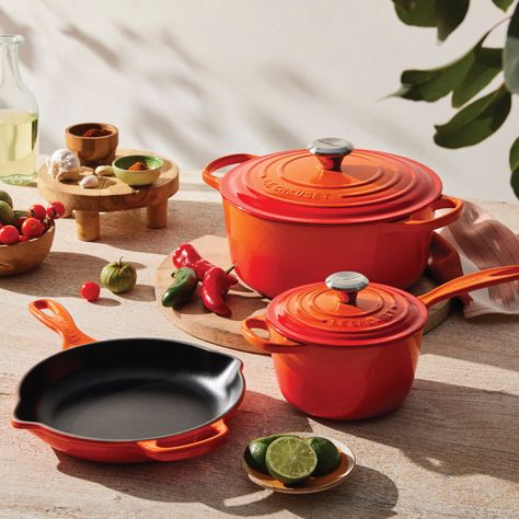 The Signature Enameled Cast Iron 5-Piece Cookware Set features our best selling enameled cast iron pots and pans, including our iconic Dutch oven and highly-rated signature skillet. Whether just starting to build your Le Creuset collection or adding to an existing collection, this set is the perfect place to start. It also makes an exceptional gift for weddings, showers, housewarming and for the person who loves to cook and entertain. Individually crafted by French artisans from the finest quali Le Creuset Aesthetic, Enamel Kitchenware, Safe Cookware, Le Crueset, Safest Cookware, Luxury Bathroom Master Baths, Le Creuset Cookware, Enameled Cast Iron Cookware, Cast Iron Pot