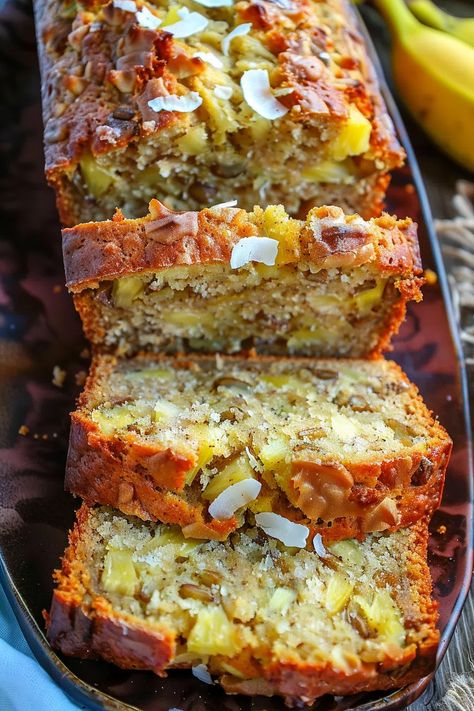 Coconut Pineapple Banana Bread - A Taste of Hawaii - That Oven Feelin Hawaii Bread, Hawaii Meals, Banana Pineapple Bread, Pineapple Bread Recipe, Pineapple Banana Bread, Pineapple Banana Bread Recipe, Hawaiian Banana Bread, Food Morning, Hawaiian Foods