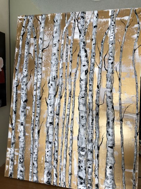 Leaf Art Diy, Persian Calligraphy Art, Birch Tree Art, Gold Art Painting, Golden Painting, Gold Leaf Art, Gold Leaf Painting, Landscape Art Painting, Acrylic Oil Painting