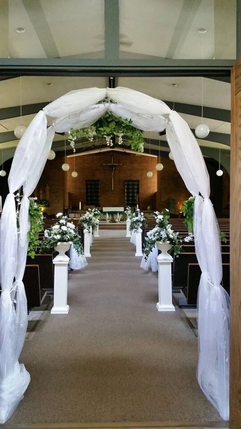 Wedding Church Decoration with arch and flower arrangements on isle post! Wedding Arch Decorations, Simple Church Wedding, Sanctuary Decor, Wedding Walkway, Church Entrance, Church Aisle, White Wedding Arch, Plaid Wedding, Wedding Church Decor