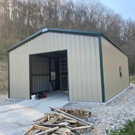 Simple but great 24x35x12 steel building garage and workshop in West Virginia. Garage Design Plans, Steel Garage Buildings, Barn Garage Plans, Metal Garage Kits, Building Garage, Metal Garage Buildings, Steel Workshop, Metal Shop Building, Garage Construction