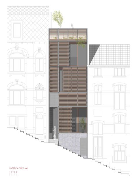 Image 25 of 28 from gallery of Jonquilles House / Michel Prégardien Architecture. Facade South Collage Architecture, Architectural Presentation, Architecture Elevation, Architecture Concept Diagram, Architecture Graphics, Architectural Section, Architectural Drawing, Architecture Rendering, Diagram Architecture