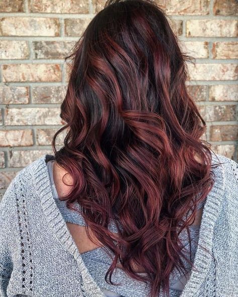 Red Tone Highlights On Dark Hair, Highlights Brown Hair Red Dark Auburn, Burgundy And Caramel Balayage, 5rr Hair Color Red, Chocolate Hair Color Highlights, Merlot Balayage Hair, Medium Brown Hair With Red Lowlights, Burgundy Highlights On Light Brown Hair, Burgundy Bayalage Hair