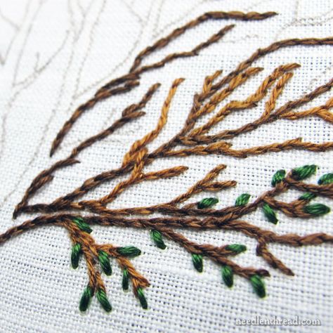 How To Embroider Tree Branches, Tree Bark Embroidery, Embroidered Trees Embroidery, Embroidery Tree Branch, Embroidered Trees Simple, Embroidery Trees Tutorials, Embroidery Branch, Tree Branch Embroidery, Branches Embroidery